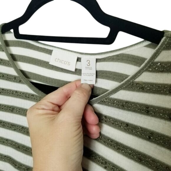 Chicos Womens Striped Long Sleeve‎ Top Size 3 (L) Green & White Sequin Accents - Picture 3 of 8